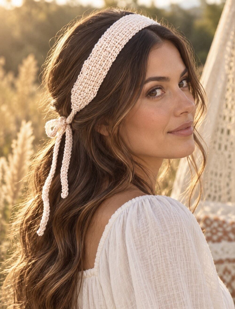 Handmade Crochet Tie Back Headband Blush Pink Boho Hair Wrap Womens Adjustable